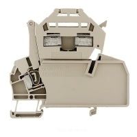 side view of a beige fuse terminal with grooves and tabs on the top half and bottom left side
