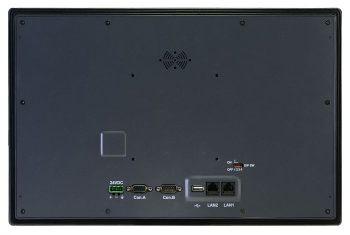 black rectangular back side of a display screen with ports on the bottom