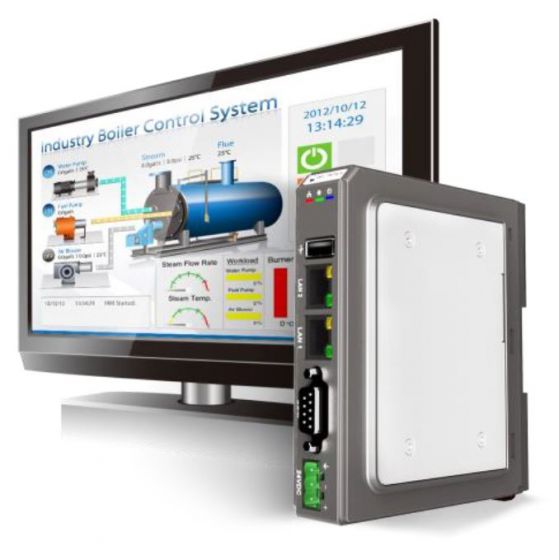 diaganolly placed computer screen facing the left with an upright rectangular HMI unit in the front on the right side