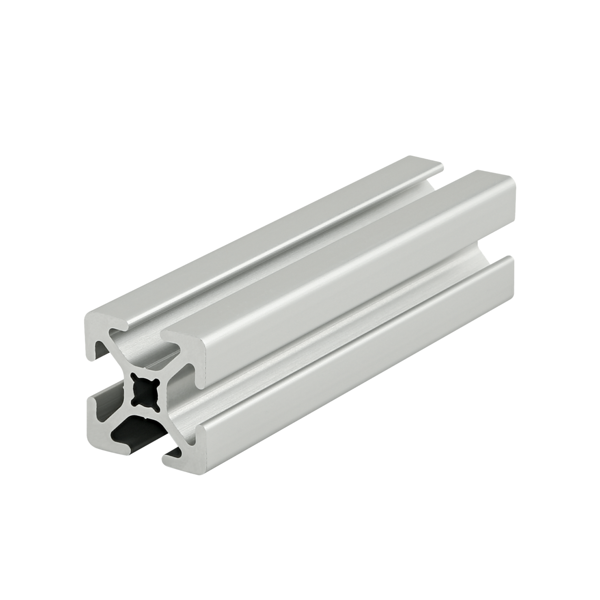 front side view of a metal bar with square edges and a T-slot on each of the four sides