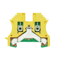 side view of a fuse terminal with yellow housing, a white upside down V shaped piece in the center, with two screws above it