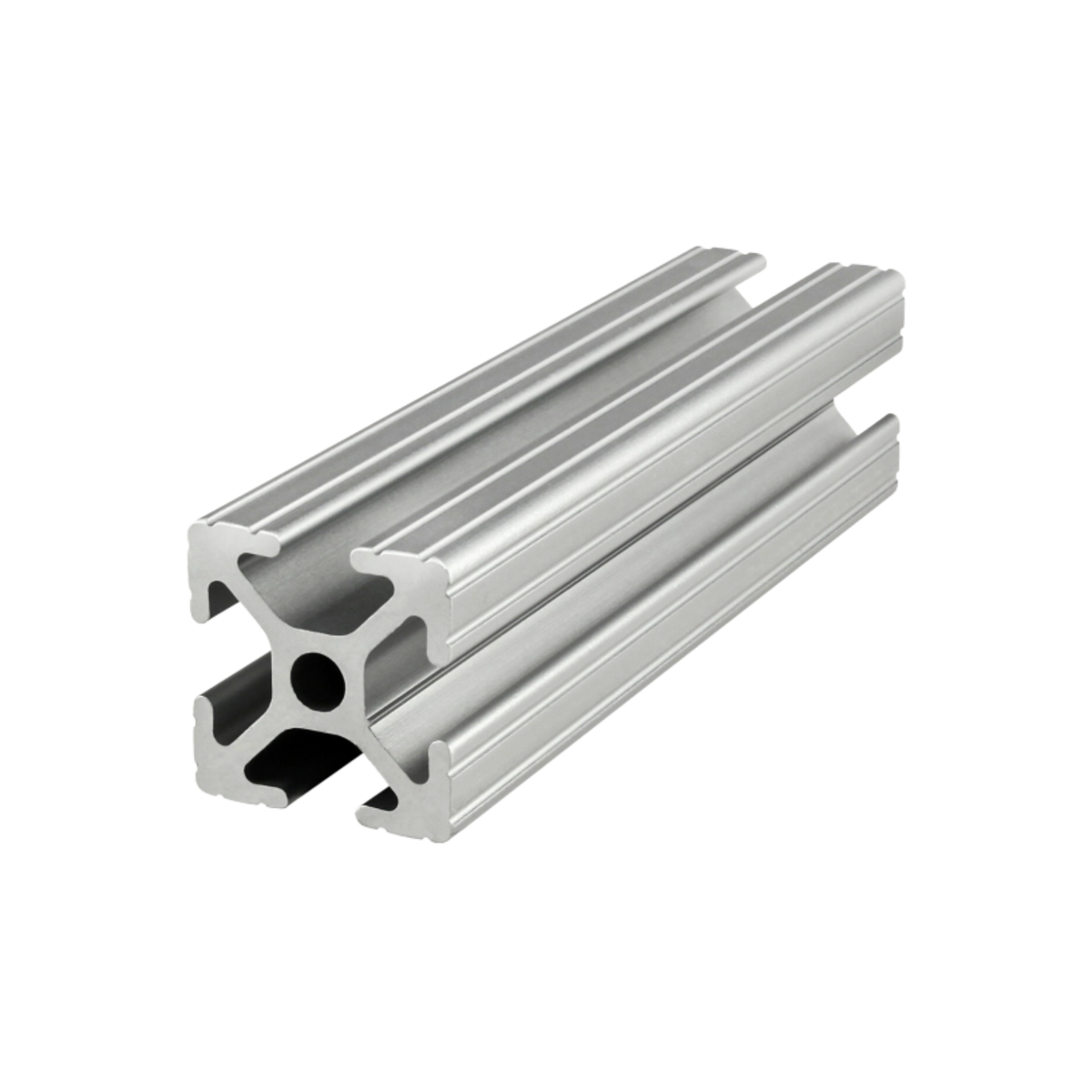 front side view of a metal bar with square edges and a T-slot on each of the four sides