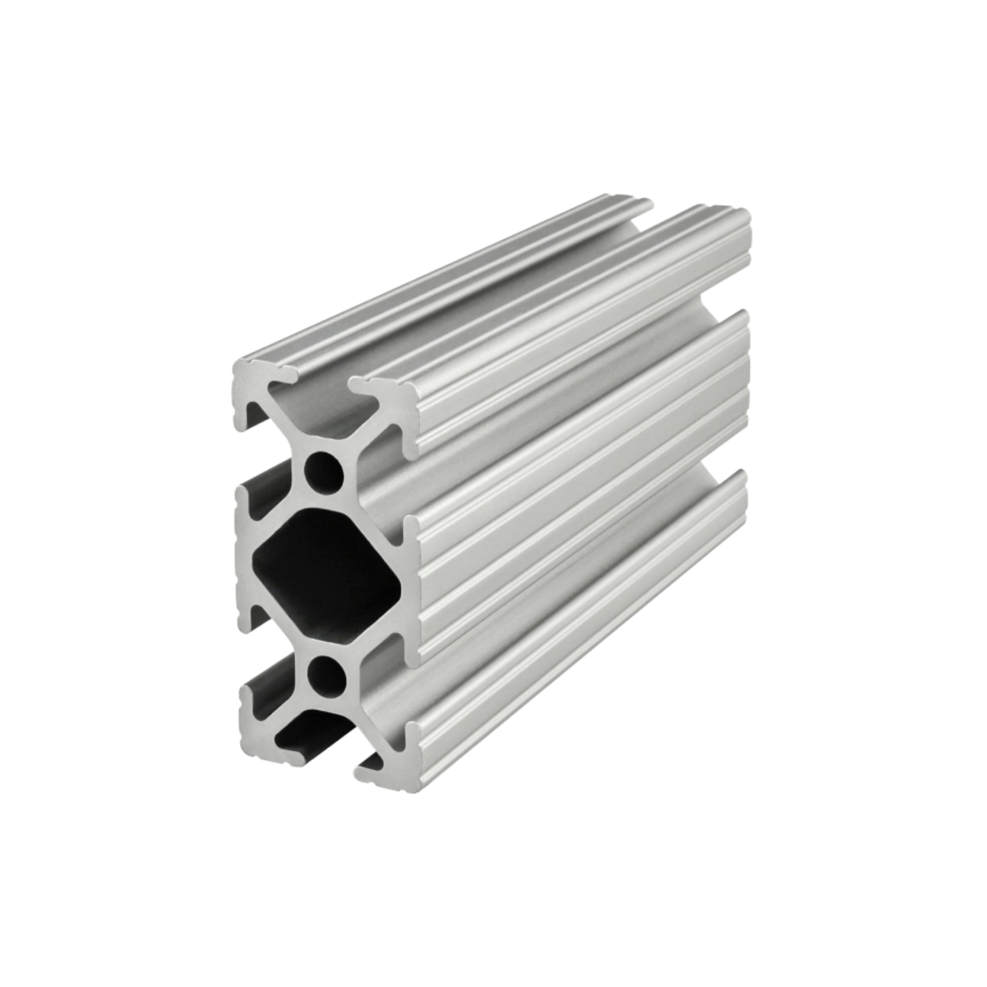 a rectangular metal bar with squared corners, two T-slots on each long side, and a single T-slot on each short side