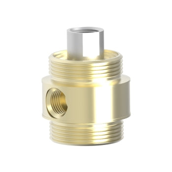 side view of cylidrical brass valve with a port on the left side