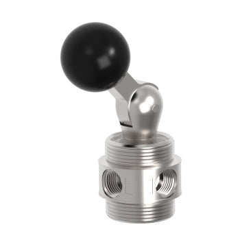 side view of a cylindrical shaped valve with two ports on the front center, and a level with a black ball handle
