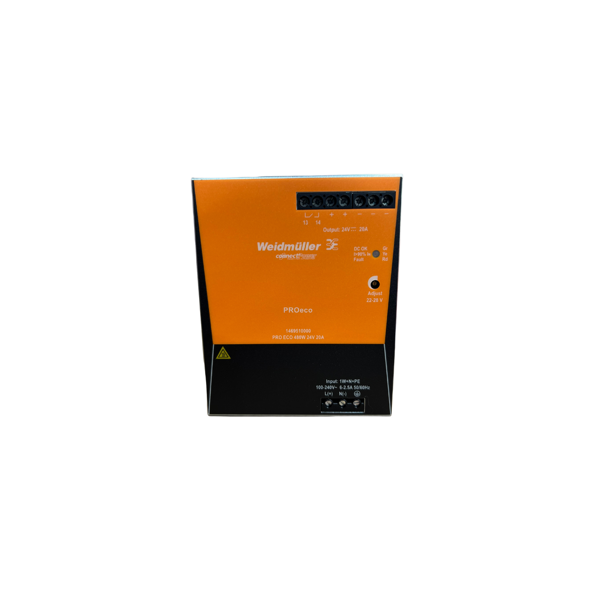 rectangular power supply unit with an orange label in the front
