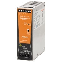 front side view of an upright rectangular power supply unit with an orange label on the front