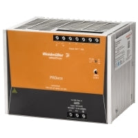wide, rectangular power supply unit with metal housing and an orange and black front panel