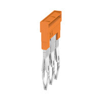 side view of a terminal cross connector with an orange base and three metal connector points pointing downward