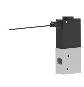 upright rectangular valve with an aluminum bottom half, a black top half, single  port on the bottom left, and an electrical lead wire on the top left