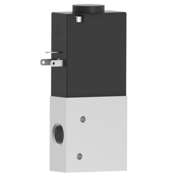 compact, rectangular, upright solenoid valve with an aluminum base with one port on the left, and a black top with and electrical plug on the left