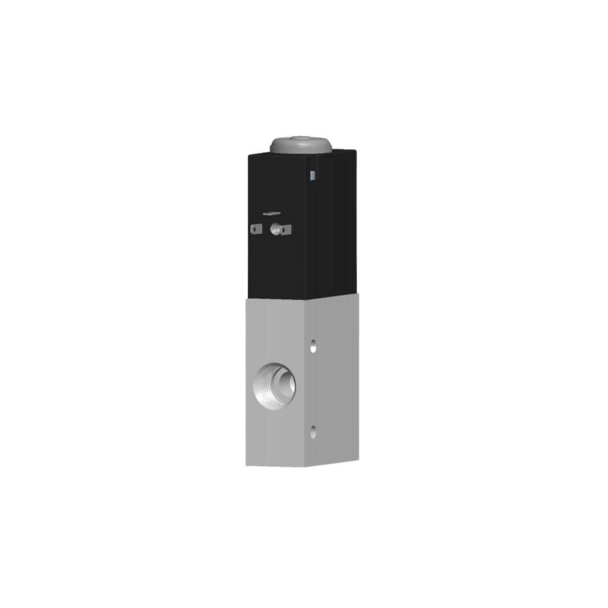compact rectangular upright solenoid valve with an aluminum bottom with one port, and a black material on the top with an electrical plug