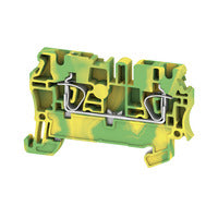 inside view of a yellow and green terminal block with mounting brackets on the bottom