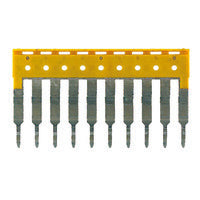 side view of a comb shaped cross connector with a yellow base along with top and ten metal points pointing downward