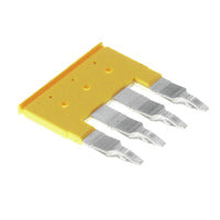 top side view of a yellow cross connector  with four metal connector tabs on the right