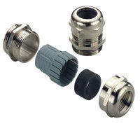 top view of five nickel plated circular pieces of a cable gland