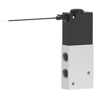 upright, rectangular, compact solenoid valve with two ports on the left side, an aluminum bottom half, a black top half, and a wire connection at the top left
