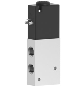upright rectangular valve with an aluminum bottom portion and a black top portion.  There  are two ports on the bottom left and an electrical plug on the top left