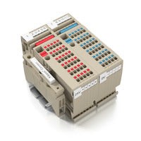 top view of a terminal block with red labeled connection ports on the left and blue labeled connection ports on the right