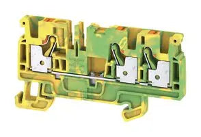 side view of a green and yellow rectangular terminal block with rail mounting along the bottom 