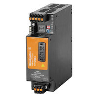 side view of an upright power supply unit with black housing, an orange label in the front center, and connection ports on the top and bottom