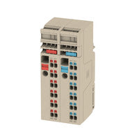 front view of an upright beige terminal module with sets of red labeled connection ports on the left and sets of blue labeled connection ports on the right