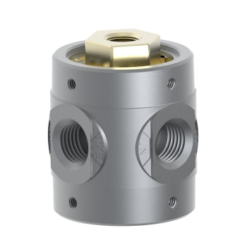 cylindrical zinc die cast valve with two ports and a brass hexagon port on top