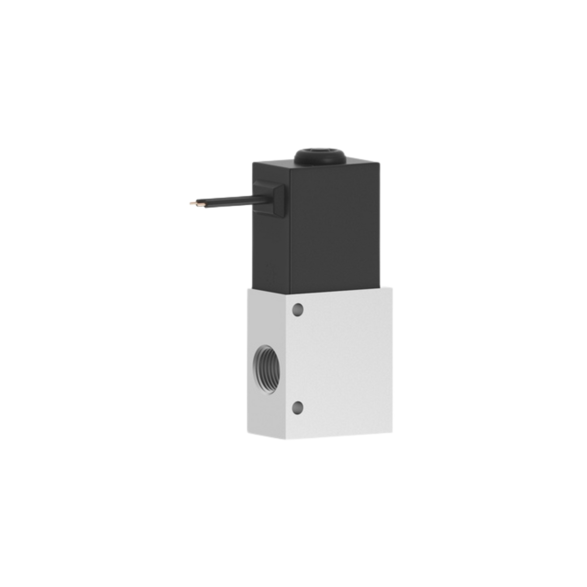 side view of an upright rectangular valve with a metal portion on the bottom, and a black material on the top, with a port on the left bottom side and electrical wires on the top left side