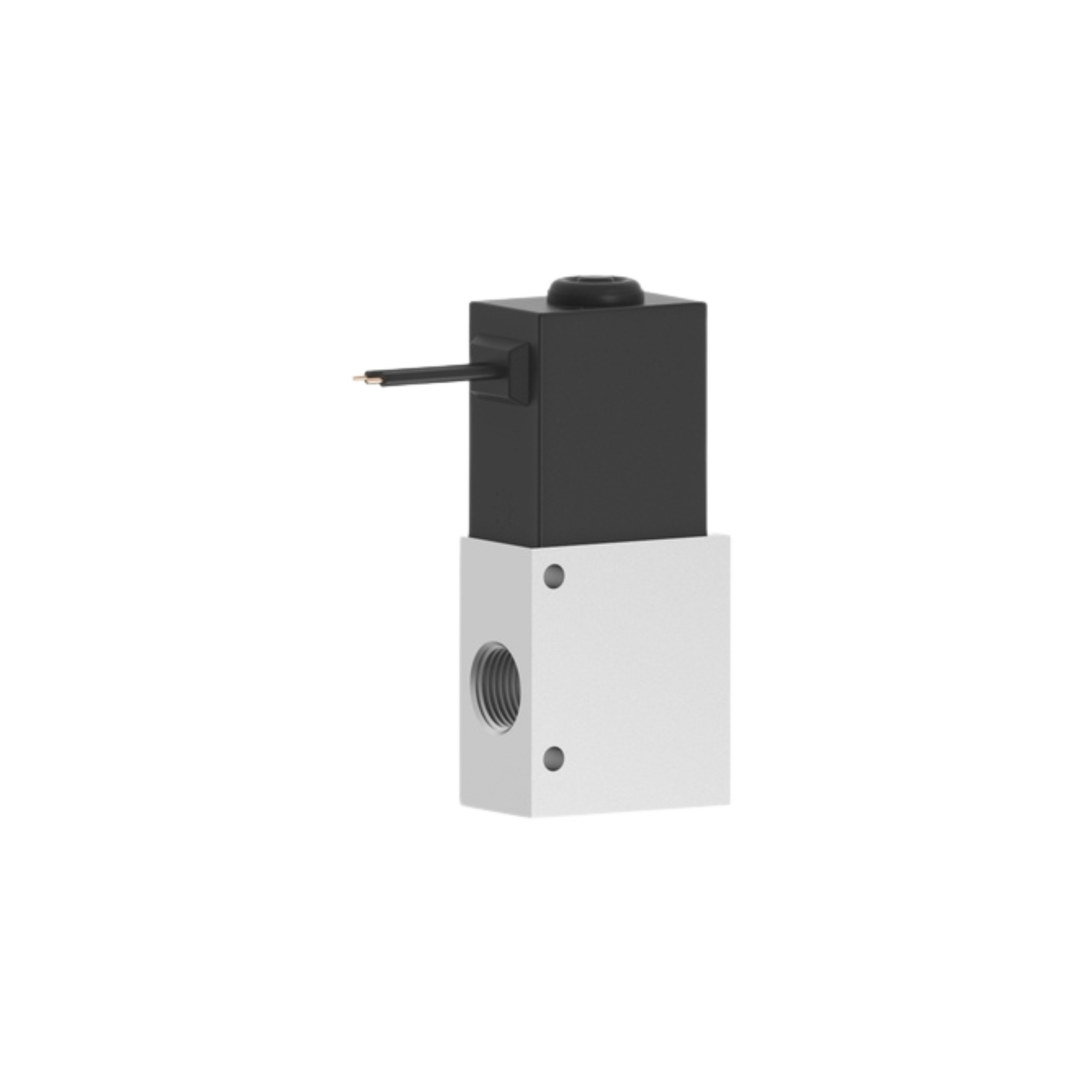 side view of an upright rectangular valve with a port on the bottom left side and electrical wires on the top left side