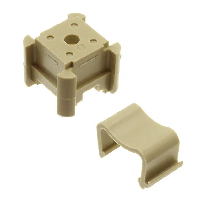beige colored square rail support on the top left with a clip for the rail support pictured on the bottom right