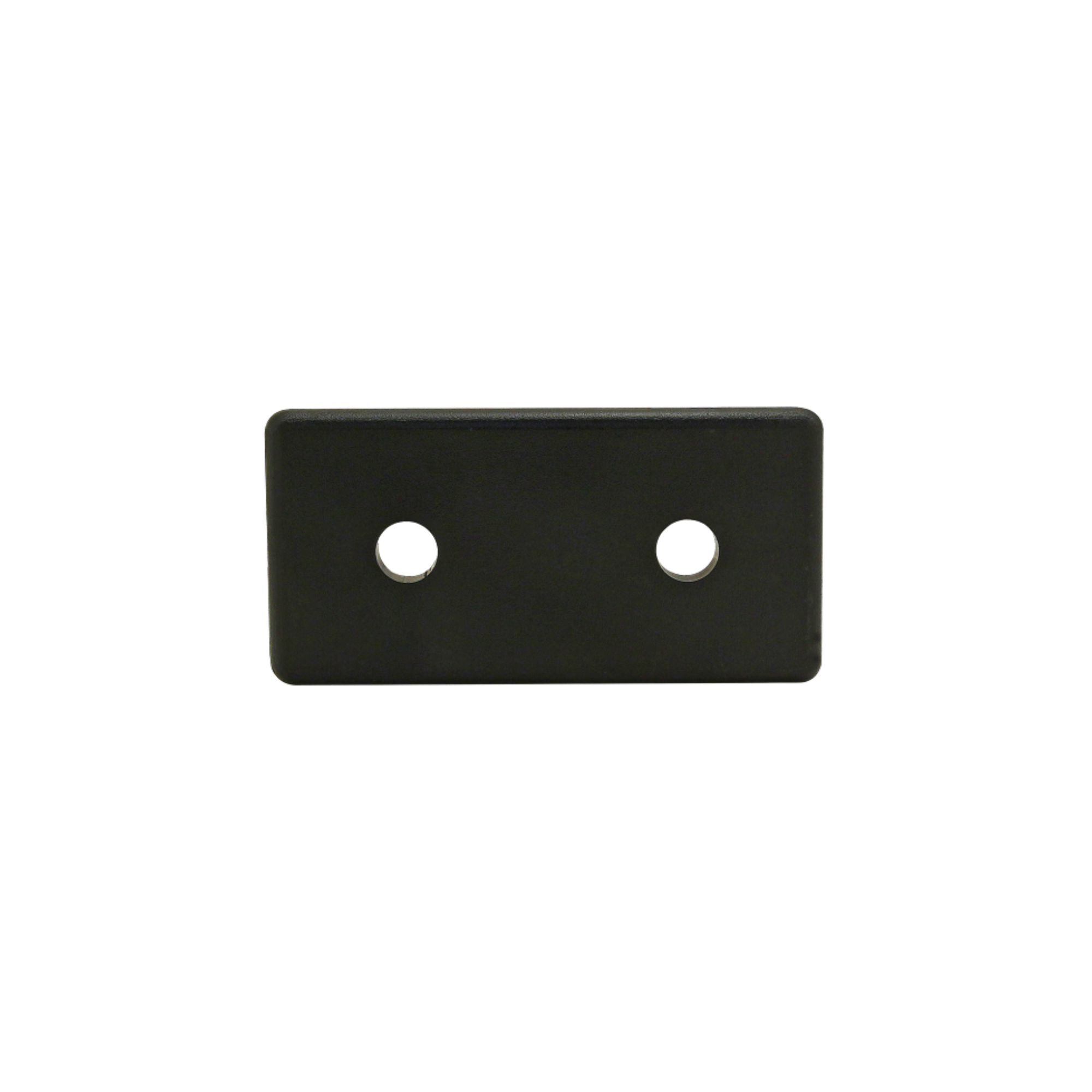 side view of a black rectangular end cap with two mounting holes