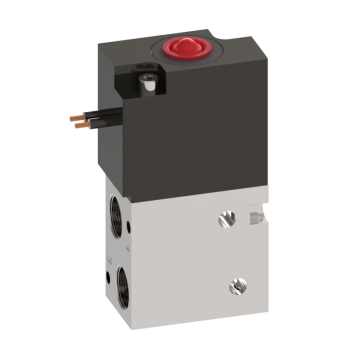 compact upright rectangular solenoid valve with two ports on the bottom left and an electrical lead on the top left