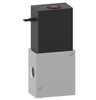 side view of compact upright rectangular valve, aluminum base with one port on the left. top half is black material with an electrical lead wire entry on the left side.