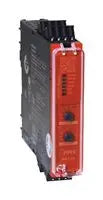 thin, black, upright, rectangular safety relay unit with red along one side