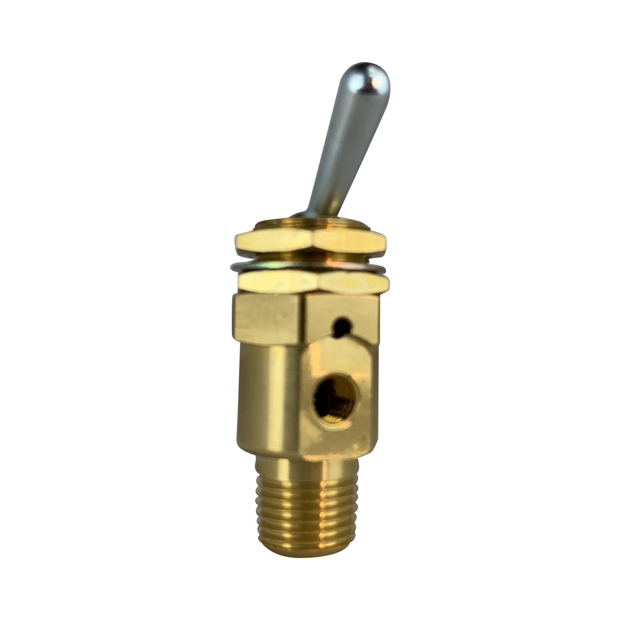 toggle switch with male thread in bottom and female threaded port on the side