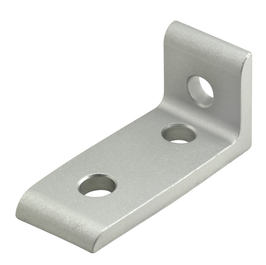 a metal corner bracket with the long end on the bottom with two holes, the L-shaped corner on the right side, with the short end pointing upward on the right side with one hole