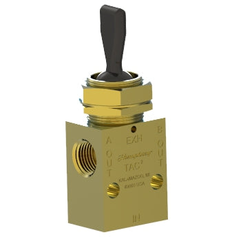 rectangular shaped valve with a port on the left and a toggle switch on the top