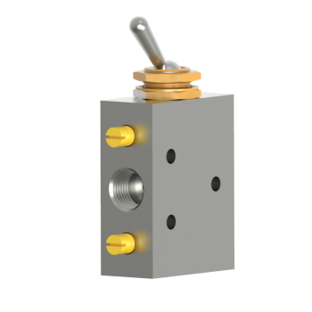 side view of an upright rectangular aluminum valve with a port in the center on the left side, two yellow pegs on the left side, and a toggle switch on the top