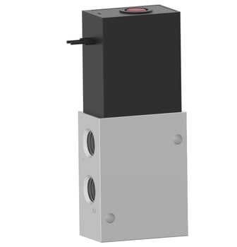 compact, upright, rectangular valve. bottom half is aluminum with two ports on the left, top half is black with an electrical lead on the left