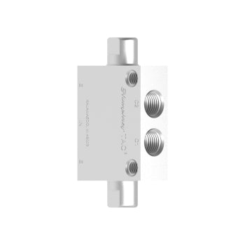 metal rectangular valve with two ports on the right, a port on the top and one on the bottom