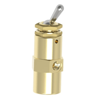 cylindrical brass valve with port on the right side and a steel lever on the top