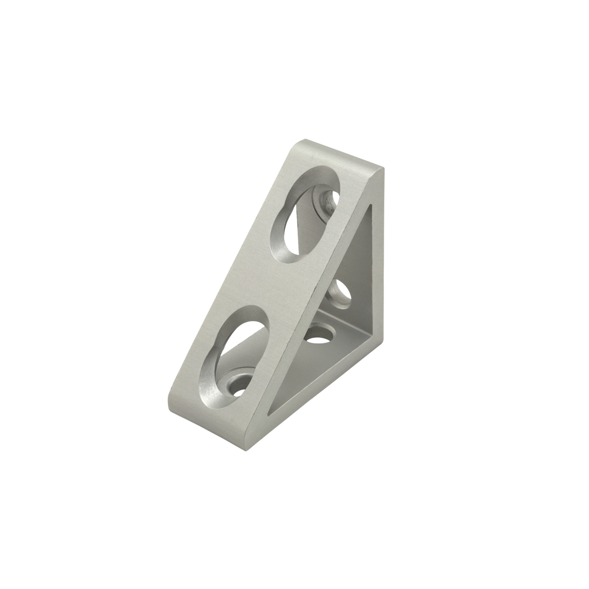 triangle shaped corner bracket with two mounting holes on each of the three sides
