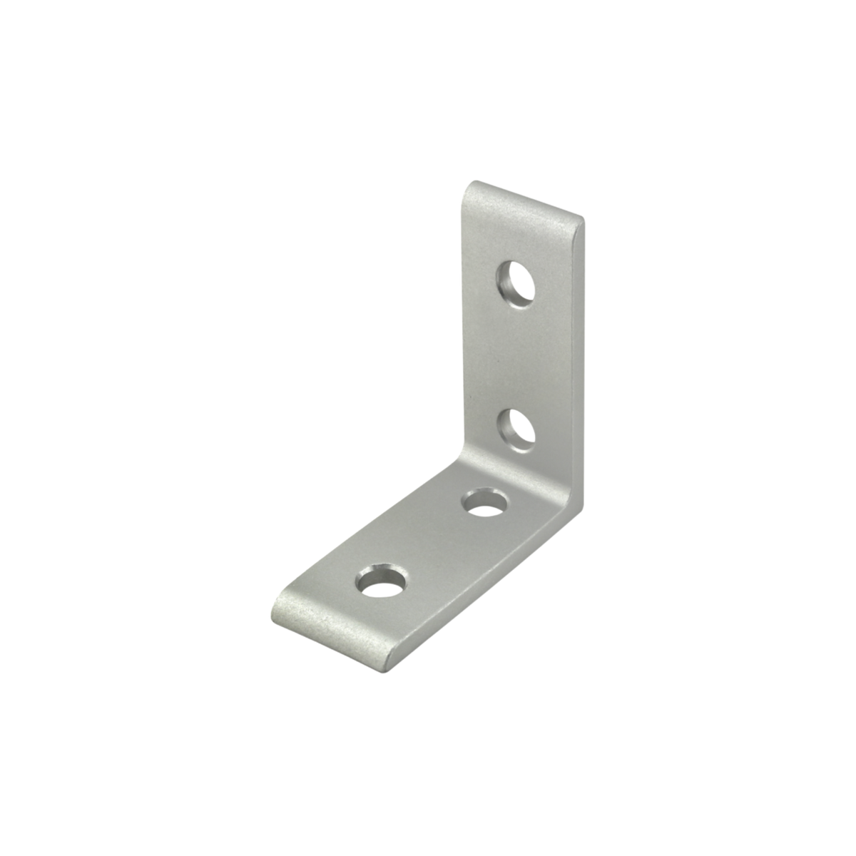 silver 90 degree corner bracket facing the left with two mounting holes on each side