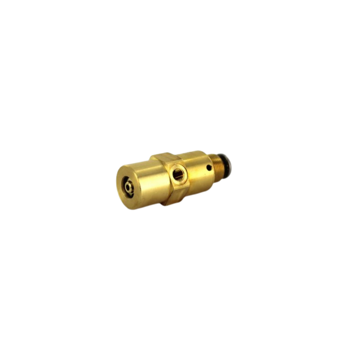 horizontal placed cylindrical shaped brass valve with a port in the center and a push button on the right