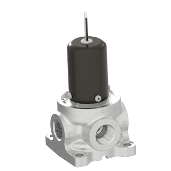 side view of black cylindrical valve with an electrical wire at the top and a square aluminum mounting piece at the bottom that has a circular port on each side