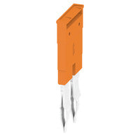  side view of a terminal connector with an orange piece at the top and two metal connector points pointing downward 