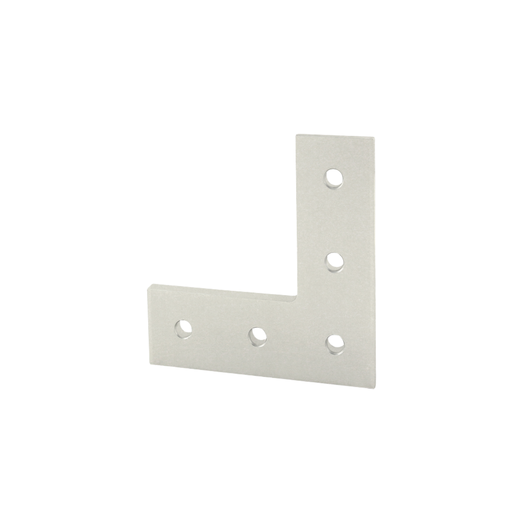 front view of a flat L shape plate with three holes on the bottom side and two holes on the right side