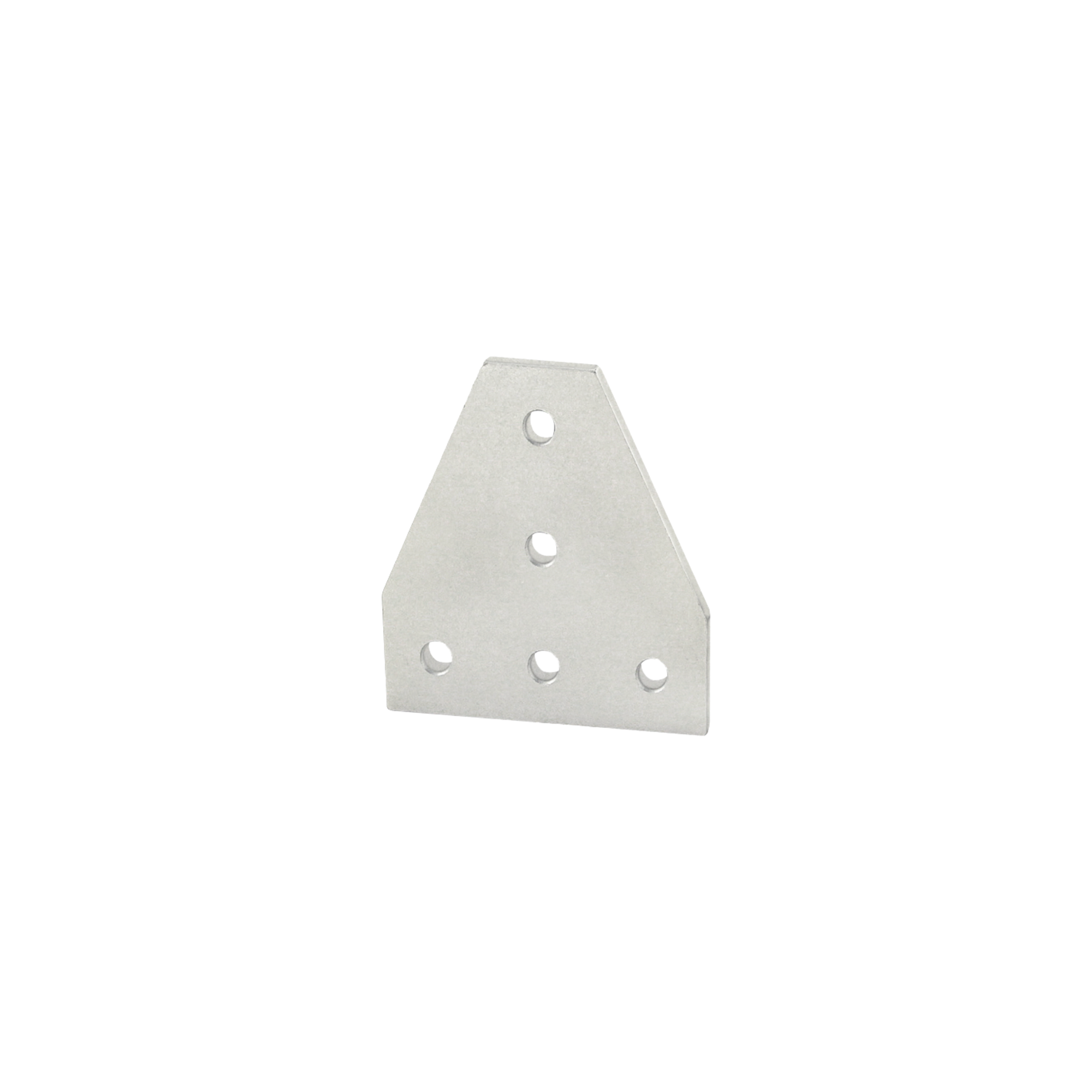 rectangular flat joining plate with the top two corners angled and five mounting holes 