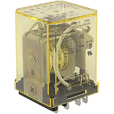front side view of upright rectangular relay unit with clear plastic housing, wires and connections inside, silver contact tabs on the bottom