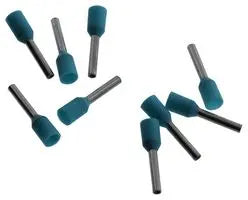 top view of nine wire-end ferrules, each with a blue insulator collar and a metal contact